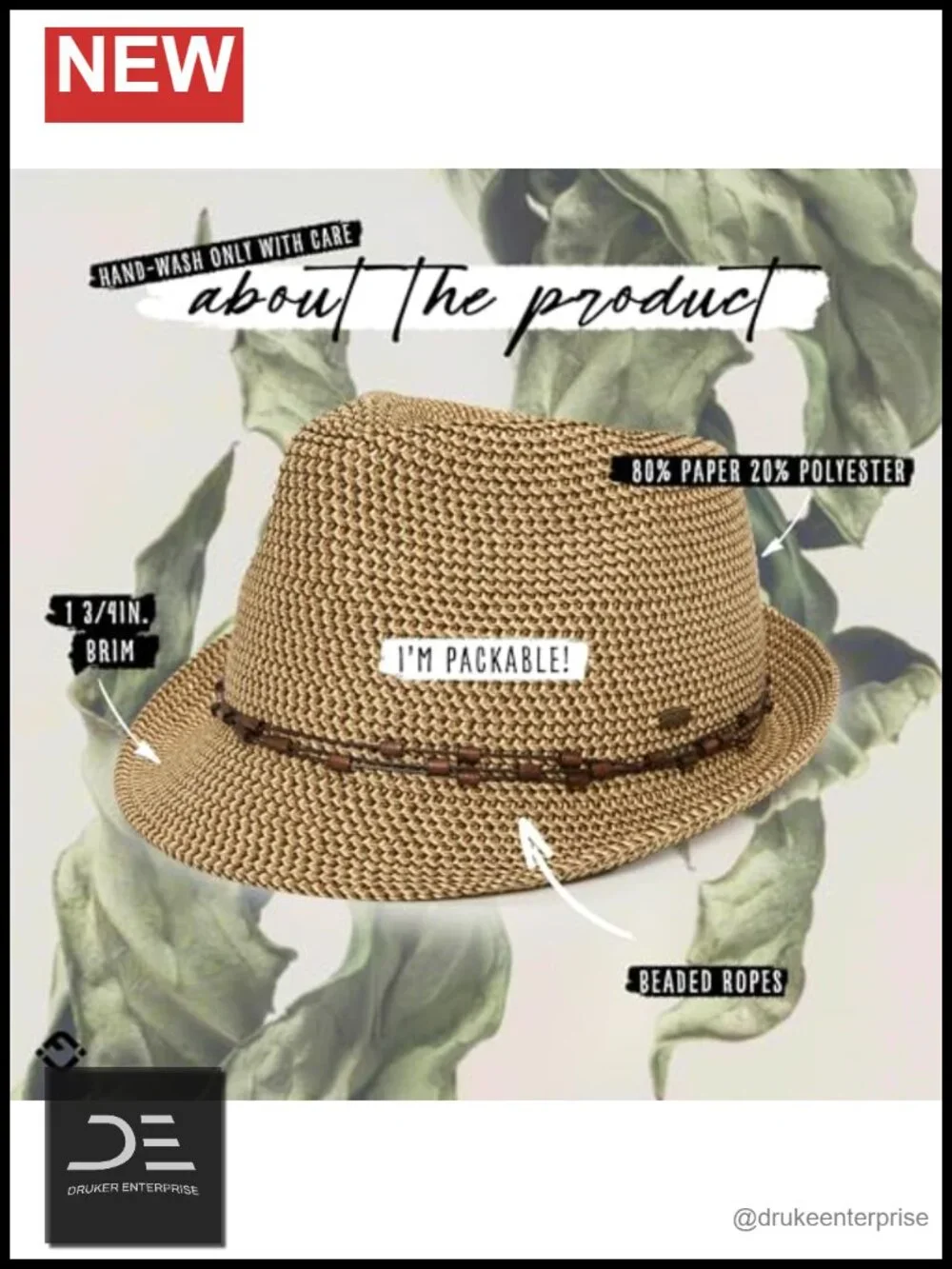 UPF 50+ Straw Fedora Sun Hat, Packable Beach Hat with Woven Pattern